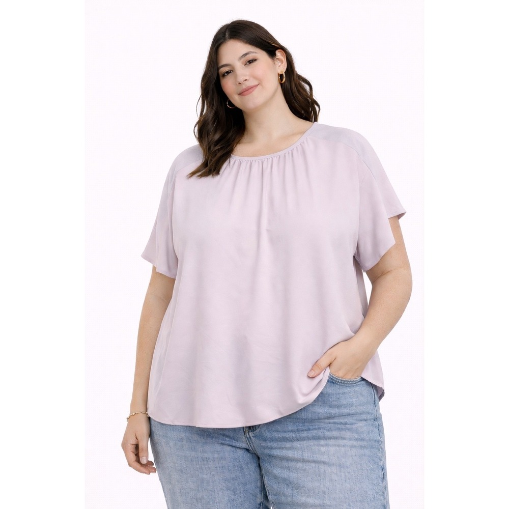 Alfani Blouse Womens 0X Pink Lavender Colorblock Short Sleeve Gathered‎ Neck Top